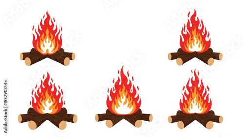 Collection of five burning campfires with bright red and orange flames on wooden logs for outdoor adventure theme.