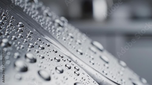 Stainless steel surface with condensation. Extreme close-up of modern household material highlighting minimal design and cleanliness.