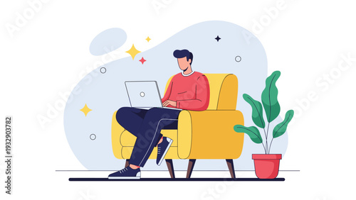 Man sitting comfortably in a yellow armchair while working on a laptop computer with a potted plant and starry background to symbolize remote work.