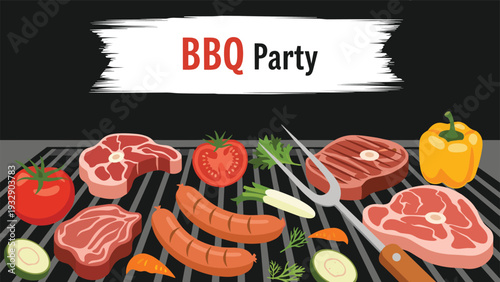 Variety of meat steaks, sausages, and fresh vegetables grilling on a barbecue for a summer BBQ party with friends and family in the outdoors.