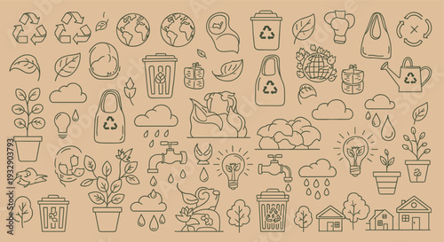 Collection of hand drawn eco friendly icons and symbols for sustainability and environmental protection on a kraft paper background