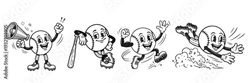 Vintage baseball mascot collection with retro cartoon ball character in action poses isolated on white background for sports branding