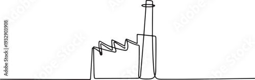 Simple continuous line drawing of a factory building with a tall chimney emitting smoke, representing industry ,Industrial Building Continuous Line Drawing ,and manufacturing, suitable for 