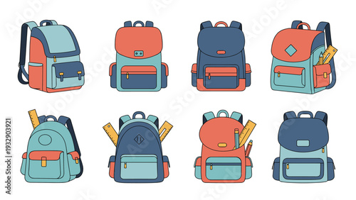 Large set of colorful school backpacks in various styles and designs with rulers and pencils for back to school shopping and student preparation.