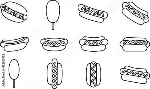 Hot dog and corndog line icon set, grilled street fast food outline vector illustration collection for branding design