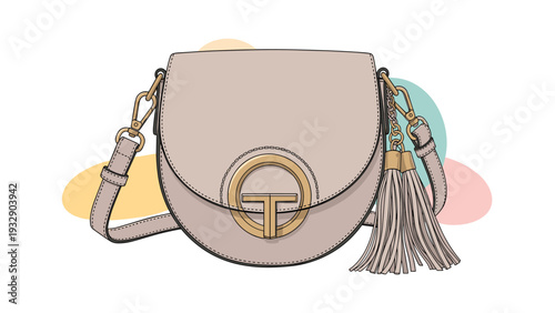 Stylish beige women's handbag with a round golden logo and a decorative tassel against a colorful abstract background for fashion and luxury retail.