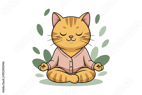 A charming orange tabby cat is peacefully meditating in a lotus position surrounded by floating green leaves high-quality professional detailed.