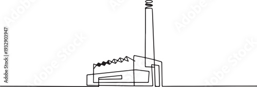 Simple continuous line drawing of a factory building with a tall chimney emitting smoke, representing industry ,Industrial Building Continuous Line Drawing ,and manufacturing, suitable for 