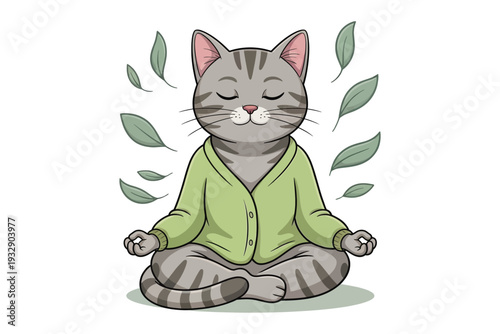 A serene gray tabby cat is peacefully meditating in a lotus position surrounded by delicate green leaves high-quality professional detailed.
