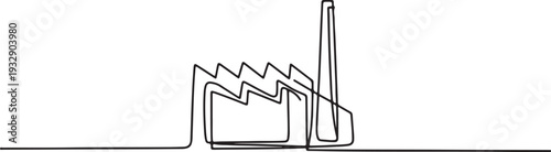 Simple continuous line drawing of a factory building with a tall chimney emitting smoke, representing industry ,Industrial Building Continuous Line Drawing ,and manufacturing, suitable for 