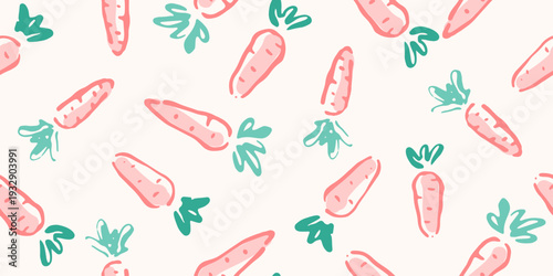 Seamless pattern with hand drawn carrots. Endless repeat background with red and green sketched carrots. 