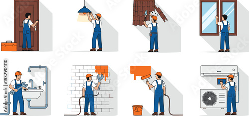 Home Repair and Maintenance Workers Set with Plumbing Painting Installation and Renovation Services Vector Illustration