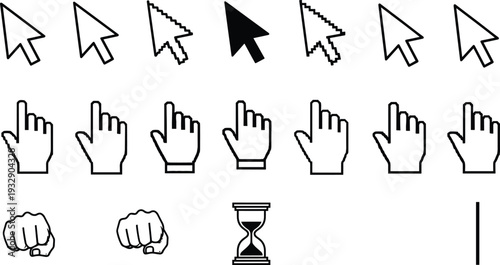 Cursor Arrow and Hand Pointer Icons Set with Click Gestures and Hourglass Outline Vector Illustration