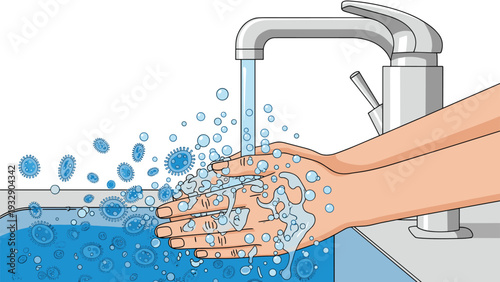 Person washing hands with soap under a water faucet to remove virus particles and bacteria for hygiene and disease prevention during a pandemic.