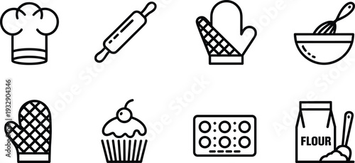 Kitchen and baking line icon collection with chef hat, rolling pin, oven mitt, whisk bowl, cupcake, muffin tray, flour bag