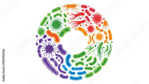 Wide variety of colorful bacteria and viruses arranged in a circular formation to represent the microbial ecosystem, infection, and biology research.