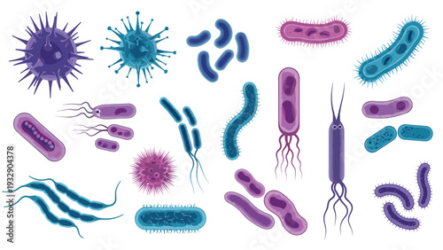 Scientific set of various colorful bacteria and virus microbes in different shapes to illustrate microbiology, infection control, and research.