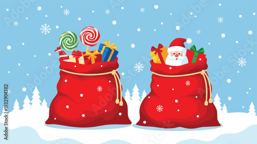 Two large festive red sacks filled with wrapped gifts, lollipops, and Santa Claus in a snowy landscape to symbolize Christmas joy and holiday spirit.
