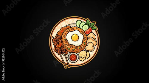 Indonesian Nasi Goreng Fried Rice with Satay, Egg, and Crackers Illustration