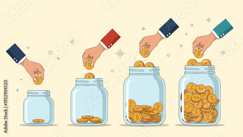 Series of hands placing gold coins into glass jars that are gradually filling up to symbolize savings, investment, and financial wealth growth.
