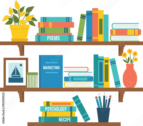Home Bookshelf with Books, Plants, Frame and Decorative Items Cozy Interior Vector Illustration
