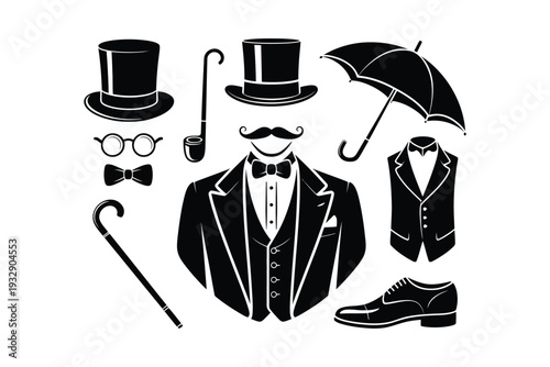 A stylish monochrome arrangement showcases classic gentleman s accessories including a top hat umbrella and formal attire high-quality professional detailed.