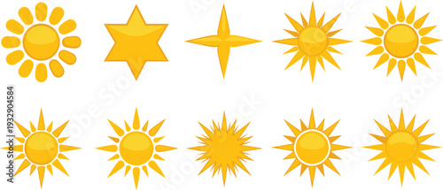 Sun Icon Collection with Different Ray Shapes Bright Yellow Solar Symbols Vector Illustration Set