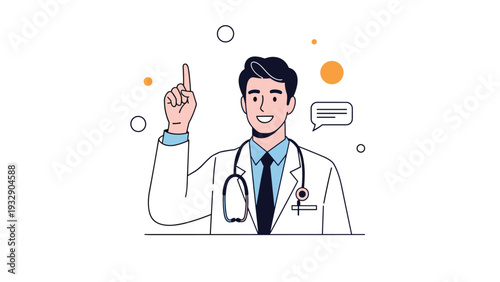 Friendly male doctor in a white lab coat with a stethoscope around his neck points upward to share important medical advice.