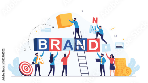 Diverse team of professionals works together to build a strong company brand using colorful letter blocks and strategic planning.