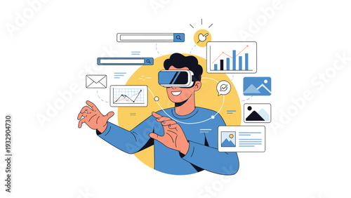 Young man wears a virtual reality headset to interact with immersive digital data, charts, and multimedia in a simulated environment.