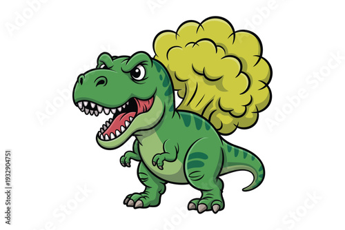 A cheerful green tyrannosaurus rex is depicted roaring with a puff of smoke emanating from its open mouth high-quality professional.