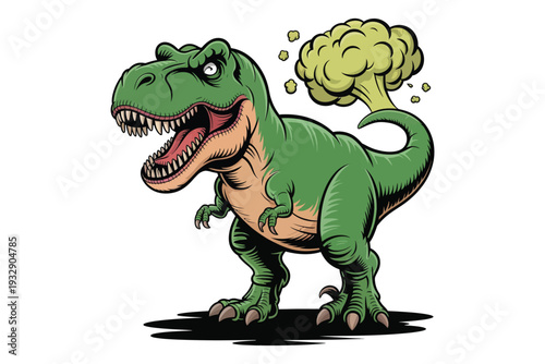 A cheerful green tyrannosaurus rex is playfully depicted releasing a cloud of gas from its rear end high-quality professional detailed.