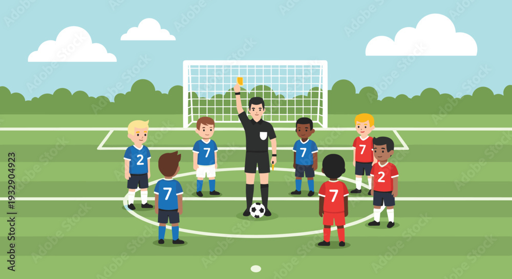 Fototapeta premium Kids football match with referee showing yellow card on soccer field sports competition vector illustration