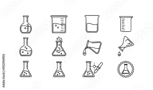 A set of laboratory equipment icons in a minimalist line art style