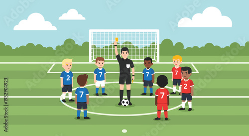 Kids football match with referee showing yellow card on soccer field sports competition vector illustration