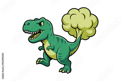 A cheerful green tyrannosaurus rex is playfully depicted releasing a cloud of gas from its rear end high-quality professional detailed.