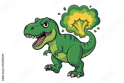 A cheerful green tyrannosaurus rex is playfully depicted releasing a cloud of gas from its rear end high-quality professional detailed.