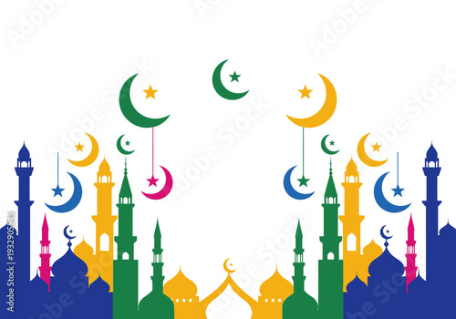 Vibrant cityscape with mosques and crescent moons, colorful illustration, festive atmosphere, night view, celebration