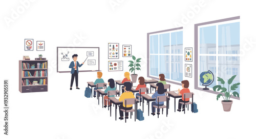 Diverse students learning in a bright classroom with teacher at whiteboard