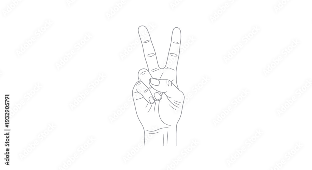 Obraz premium Hand Showing Peace Sign, Two Fingers Up, Line Art, Isolated on White Background