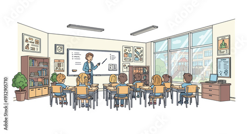 Teacher instructing diverse students in a bright, modern classroom with interactive whiteboard.