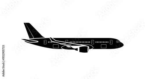 Modern Jetliner Silhouette on White Background, Passenger Airplane Side View
