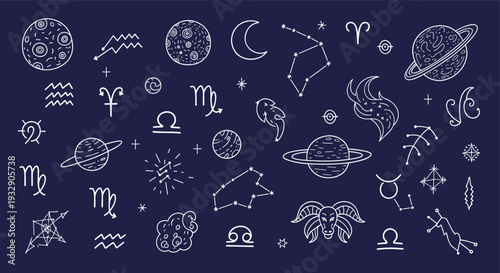 Collection of Zodiac Symbols Celestial Bodies and Constellations on a Dark Blue Background