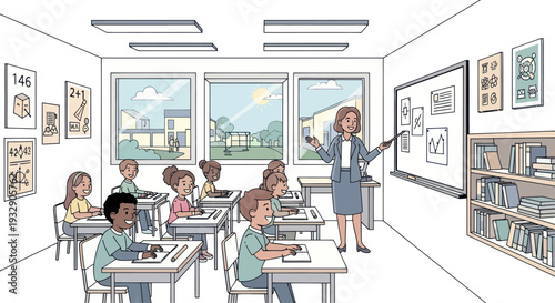 Teacher instructing diverse students in a bright modern classroom with large windows