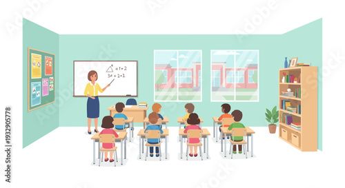 Teacher instructing diverse students in a bright, modern classroom with windows overlooking school buildings