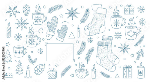 Cozy Winter Holiday Elements Collection Featuring Snowflakes Hot Drinks Mittens Pinecones and Christmas Trees in a Whimsical Doodle Style