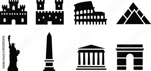 World landmarks silhouette icon set, famous architecture monuments castle pyramid colosseum liberty obelisk classical building vector illustration
