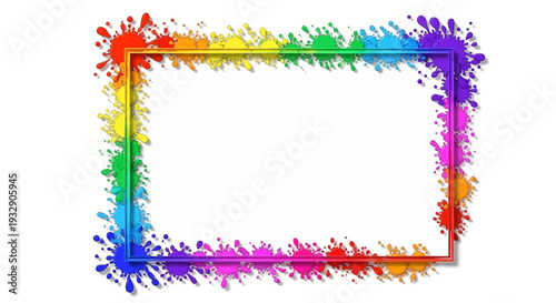 Colorful Holi Festival Day Frame with rainbow paint splatters on a blank white background for decoration and design