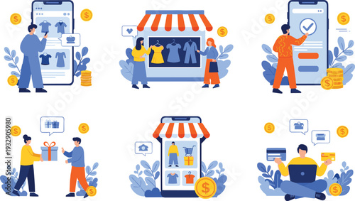Online Shopping and Mobile Ecommerce Concept Set with Smartphone Store Payment Delivery and Customer Support Vector Illustration