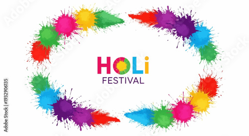 Colorful Holi Festival Day frame with rainbow paint splatters and blank space for decoration on a white background